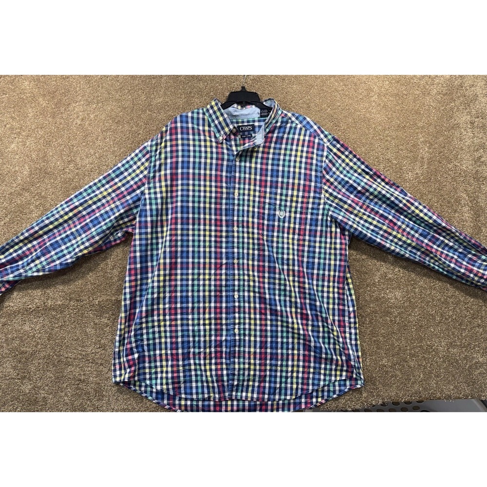 Chaps Easy Care Button Down Shirt Mens 2XLT Multicolor Plaid Long Sleeve Preppy